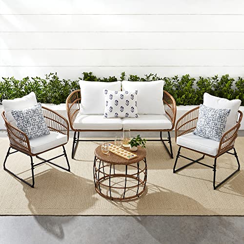 Best Choice Products 4-Piece Outdoor Rope Wicker Patio Conversation Set, Modern Contemporary Furniture for Backyard, Balcony, Porch w/Loveseat, Plush Cushions, Coffee Table, Steel Frame - White Best Choice Products