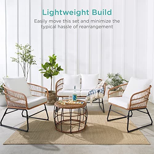 Best Choice Products 4-Piece Outdoor Rope Wicker Patio Conversation Set, Modern Contemporary Furniture for Backyard, Balcony, Porch w/Loveseat, Plush Cushions, Coffee Table, Steel Frame - White Best Choice Products