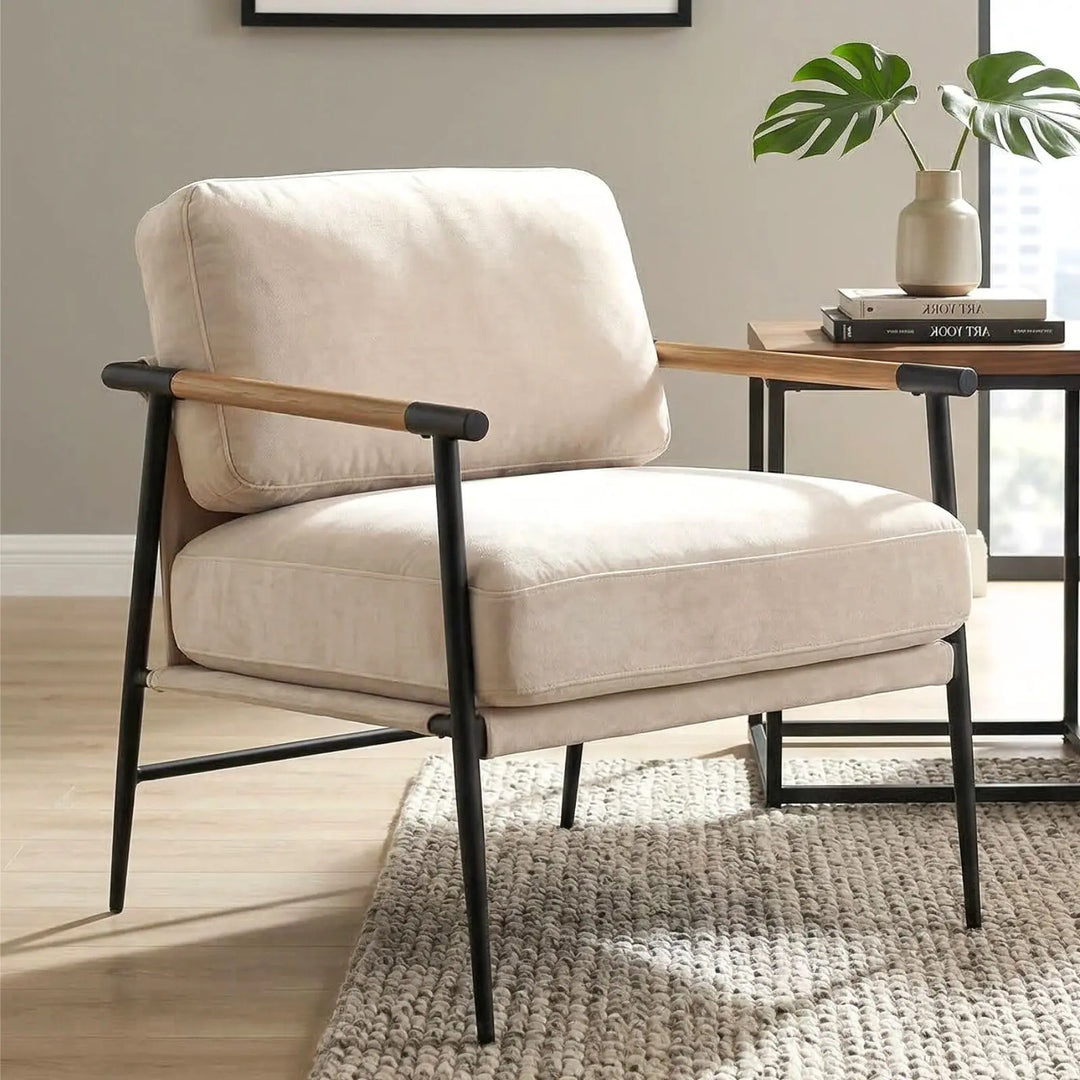 LukeAlon Beige Chenille Accent Chair Modern Living Room Chair with Metal Legs Armchair Lounge Chairs Upholstered Comfy Leisure Chair for Bedroom Reception Area Reading Room