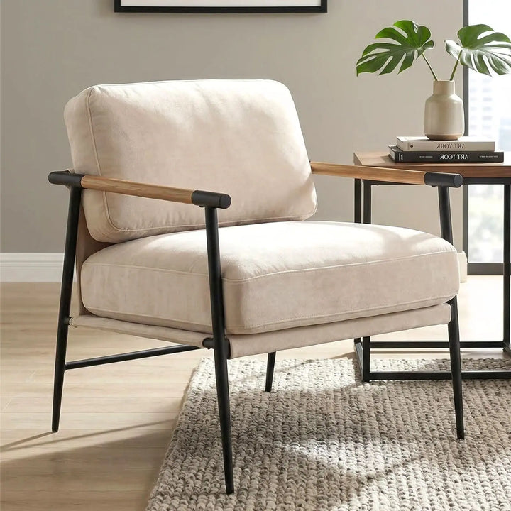 LukeAlon Beige Chenille Accent Chair Modern Living Room Chair with Metal Legs Armchair Lounge Chairs Upholstered Comfy Leisure Chair for Bedroom Reception Area Reading Room