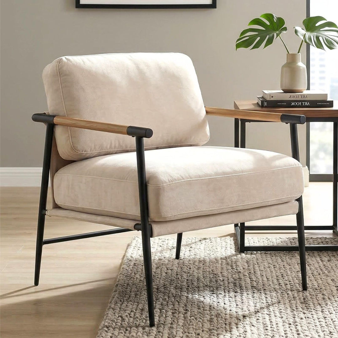 LukeAlon Beige Chenille Accent Chair Modern Living Room Chair with Metal Legs Armchair Lounge Chairs Upholstered Comfy Leisure Chair for Bedroom Reception Area Reading Room 