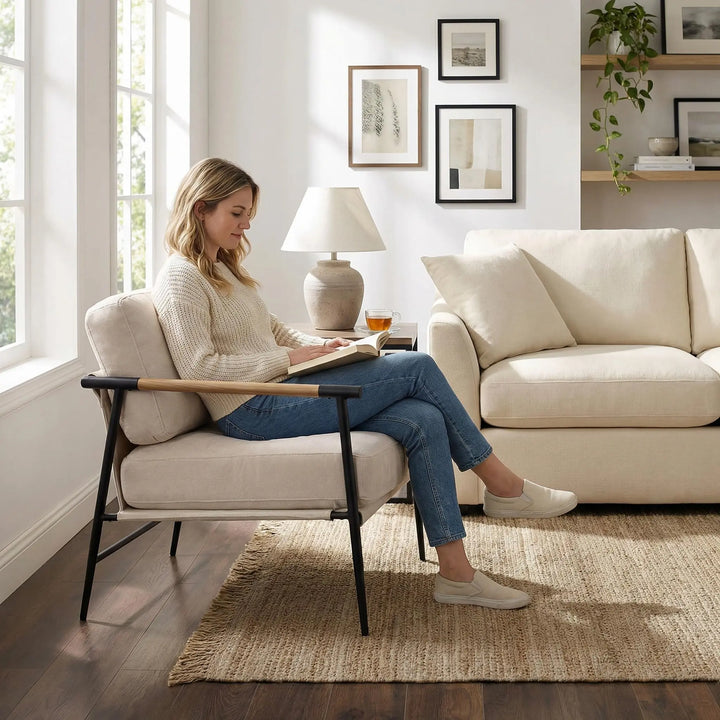 LukeAlon Beige Chenille Accent Chair Modern Living Room Chair with Metal Legs Armchair Lounge Chairs Upholstered Comfy Leisure Chair for Bedroom Reception Area Reading Room