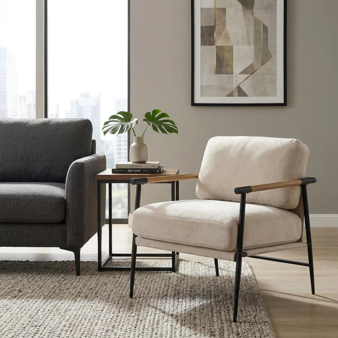 LukeAlon Beige Chenille Accent Chair Modern Living Room Chair with Metal Legs Armchair Lounge Chairs Upholstered Comfy Leisure Chair for Bedroom Reception Area Reading Room