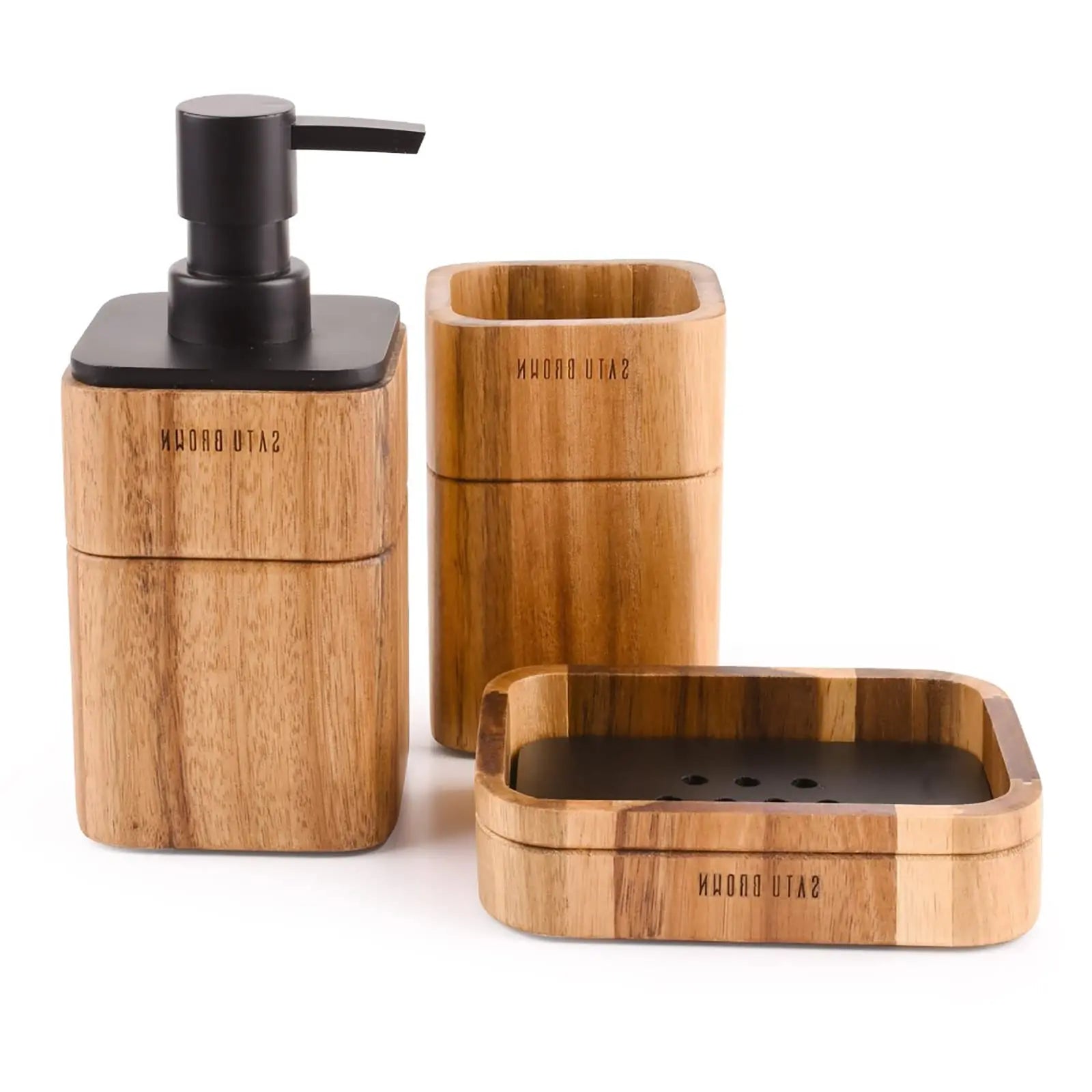 Lunavita Bathroom Accessories Set 3 Piece Bath Ensemble Includes Soap Dispenser, Bathroom Tumbler, Soap Dish Accessories for Decorative Countertop and Housewarming Gift,Acacia Wood 