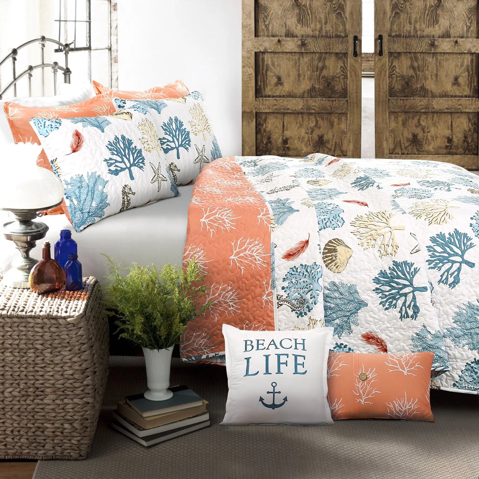 Lush Decor Coastal Reef Feather Reversible Quilt Set, 7 Piece Set, King, Blue & Coral - Tropical Beach Bedding Set With Throw Pillows - Coastal Quilts King Size - Beach House Decor 