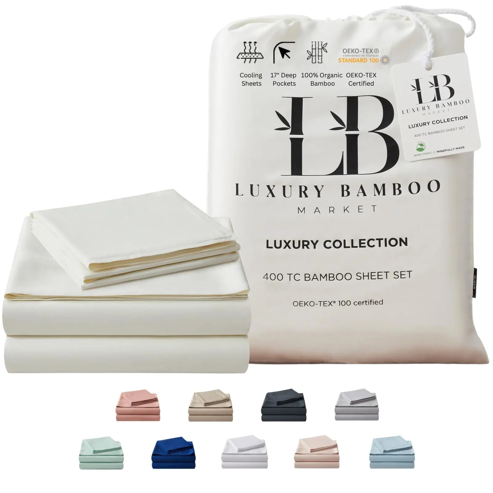 Luxury Bamboo Market | King Size Bed Sheet Set | 100% Viscose Made from Bamboo | Organically Grown | Ultra Soft | Cooling Sheets for Hot Sleepers | 17" Deep Pocket [Opulent Ivory] 