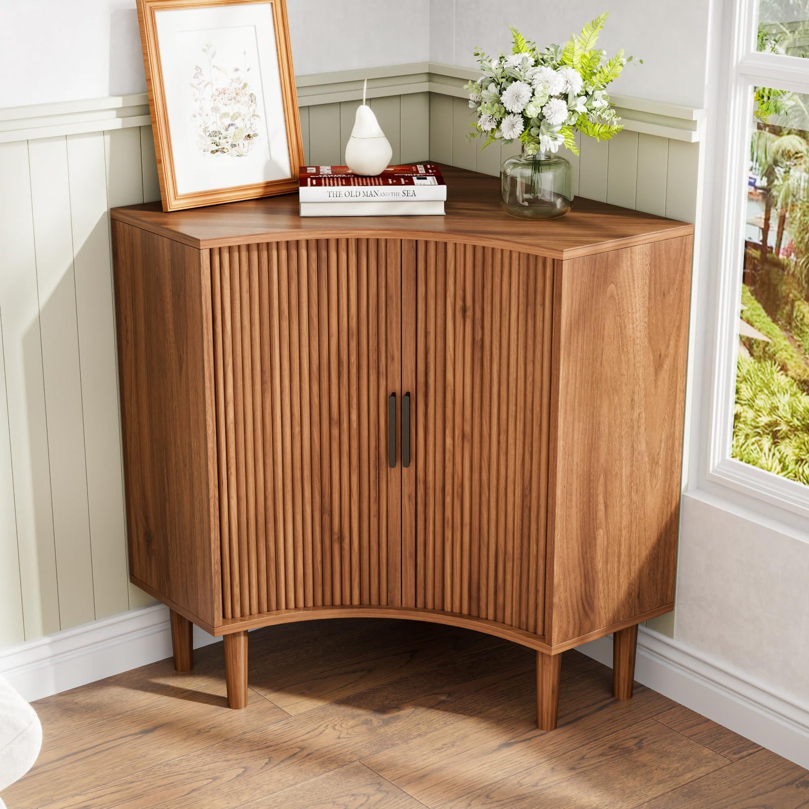 Lxsxlome Fluted Corner Cabinet with Sliding Doors and Adjustable Shelves 