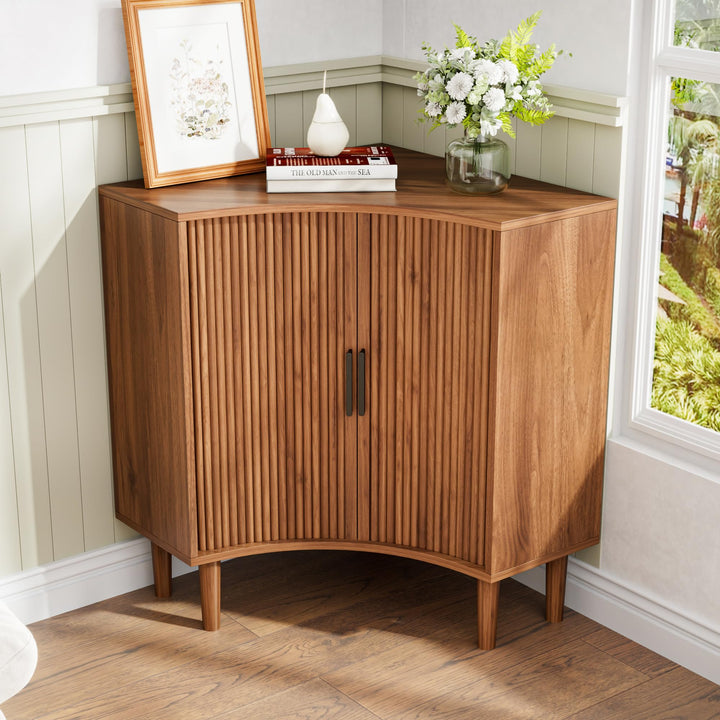 Lxsxlome Fluted Corner Cabinet with Sliding Doors and Adjustable Shelves 