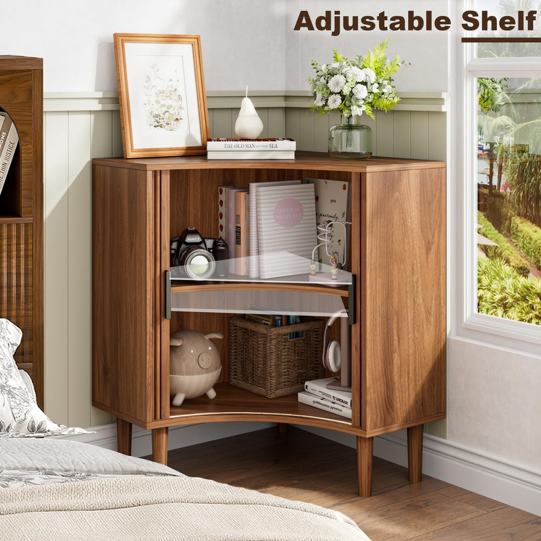 Lxsxlome Fluted Corner Cabinet with Sliding Doors and Adjustable Shelves 