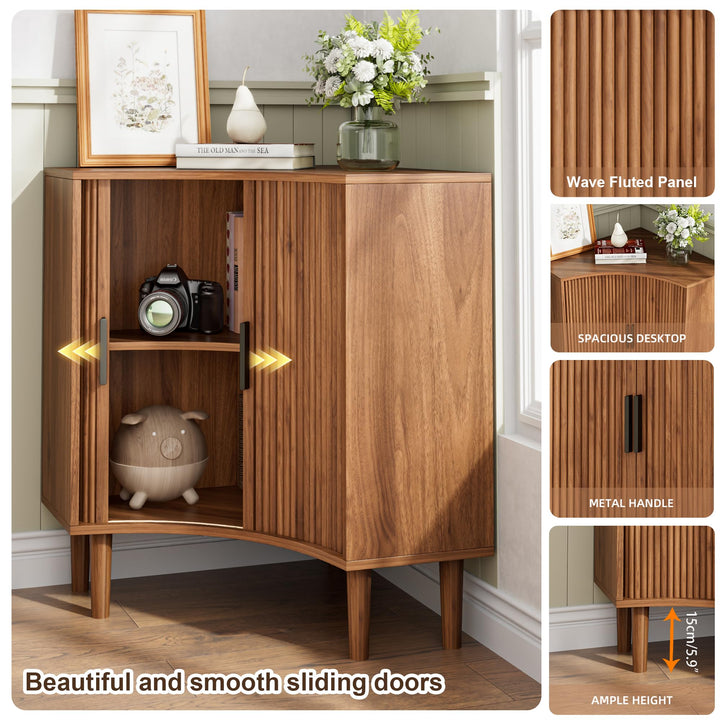Lxsxlome Fluted Corner Cabinet with Sliding Doors and Adjustable Shelves 