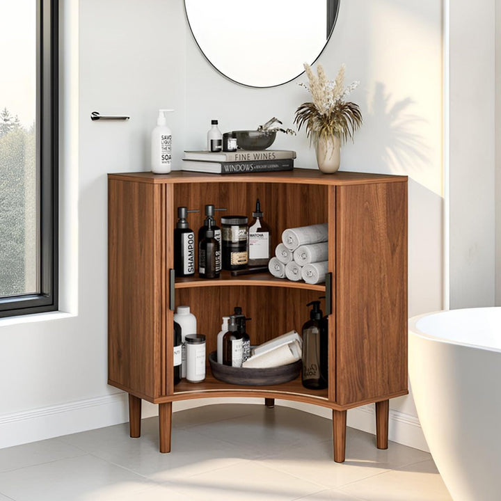 Lxsxlome Fluted Corner Cabinet with Sliding Doors and Adjustable Shelves 