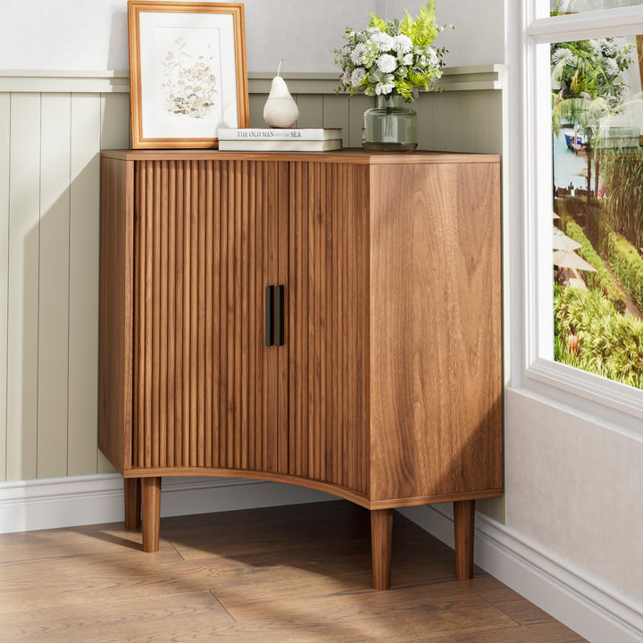 Lxsxlome Fluted Corner Cabinet with Sliding Doors and Adjustable Shelves 