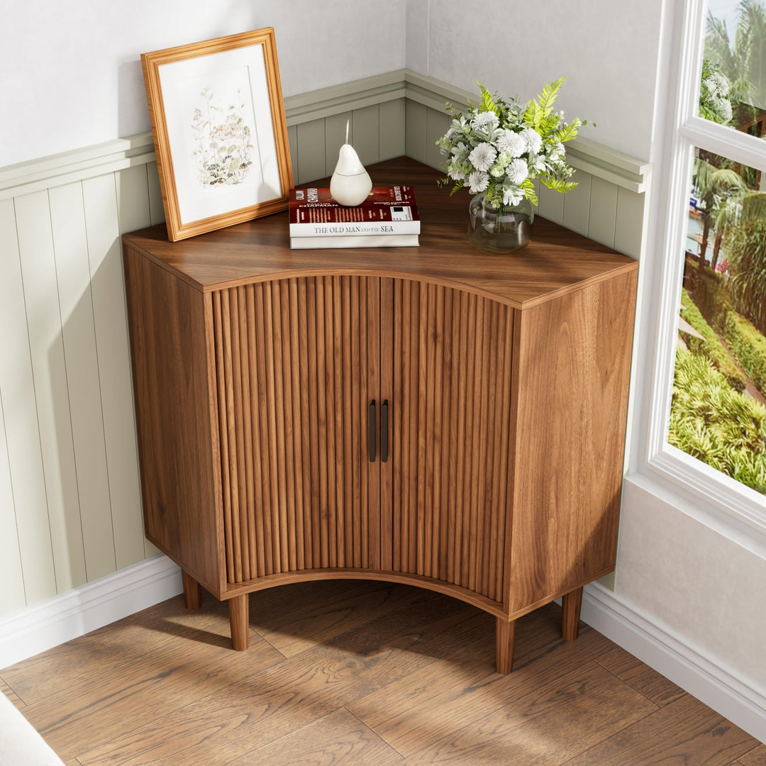 Lxsxlome Fluted Corner Cabinet with Sliding Doors and Adjustable Shelves 