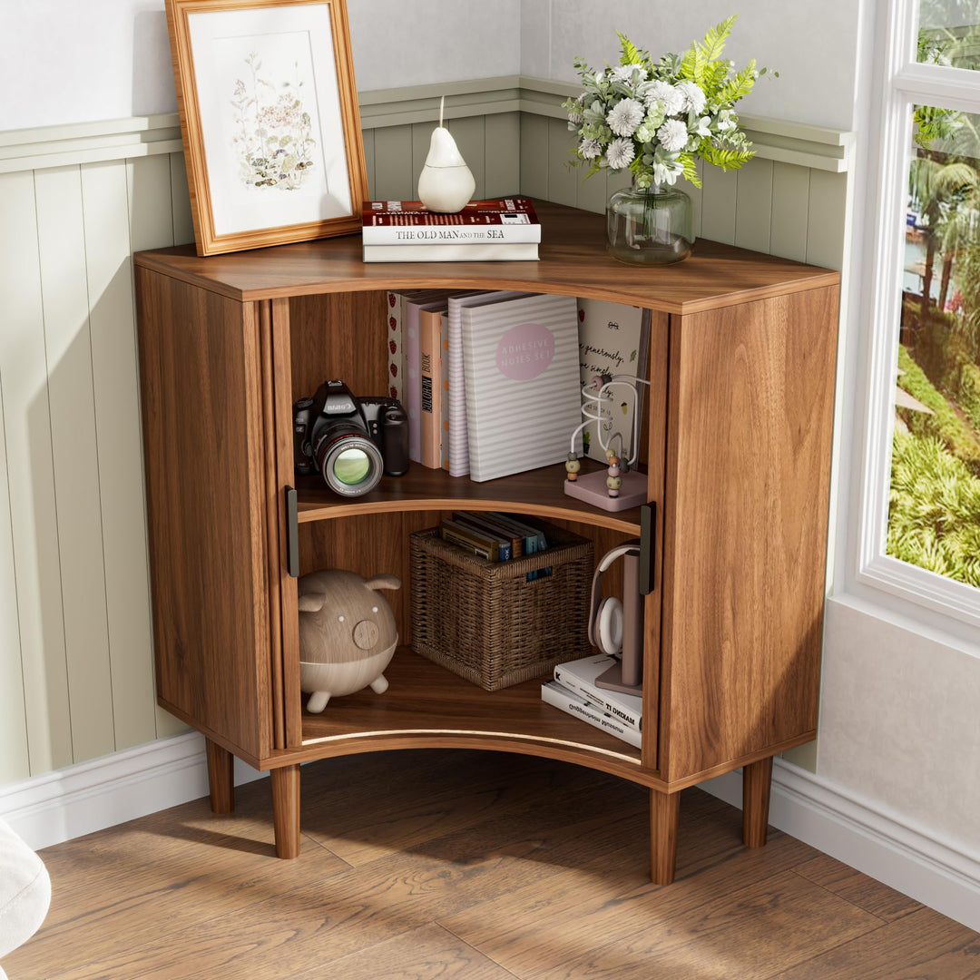 Lxsxlome Fluted Corner Cabinet with Sliding Doors and Adjustable Shelves 