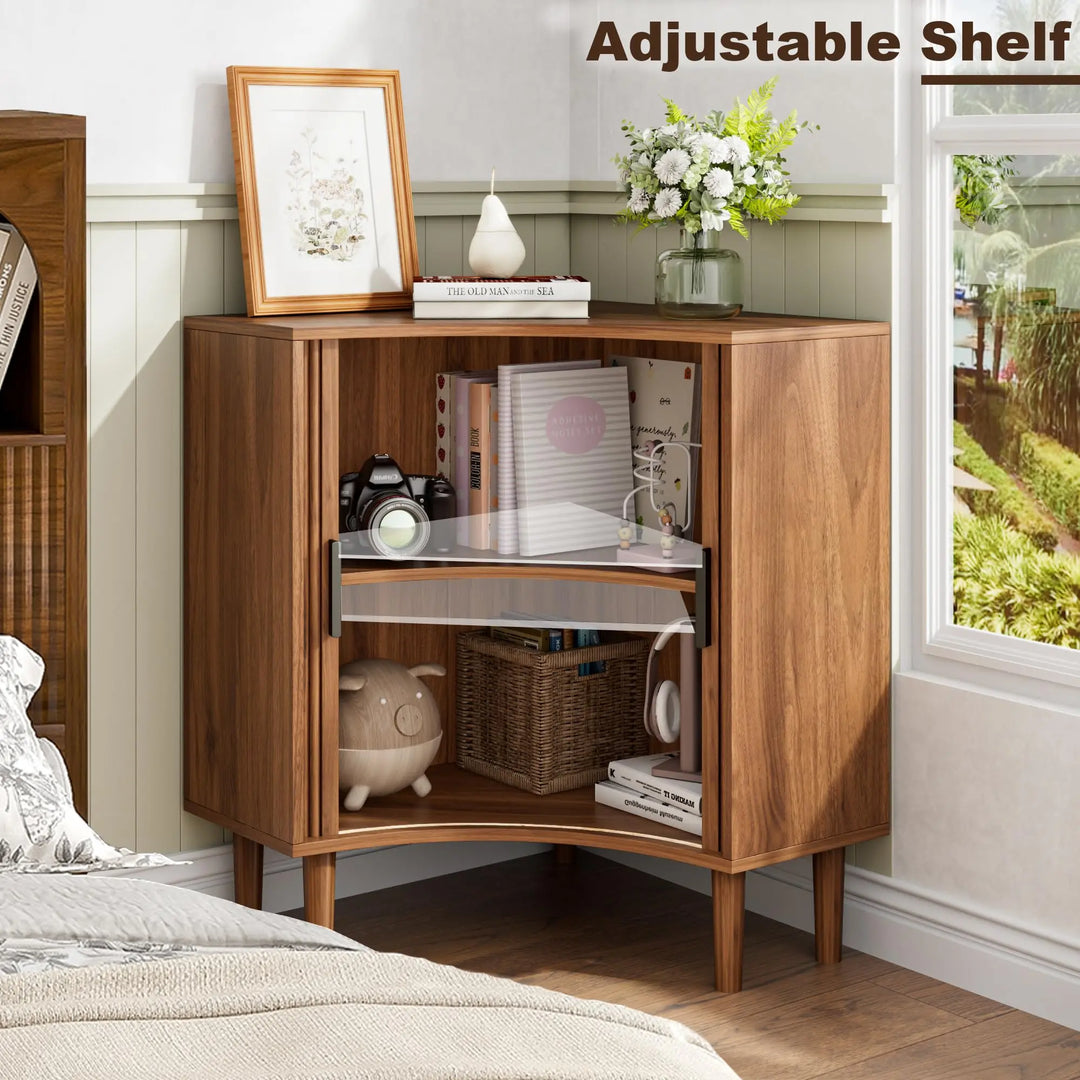 Lxsxlome Fluted Corner Cabinet with Sliding Doors and Adjustable Shelves 