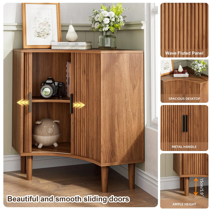 Lxsxlome Fluted Corner Cabinet with Sliding Doors and Adjustable Shelves 