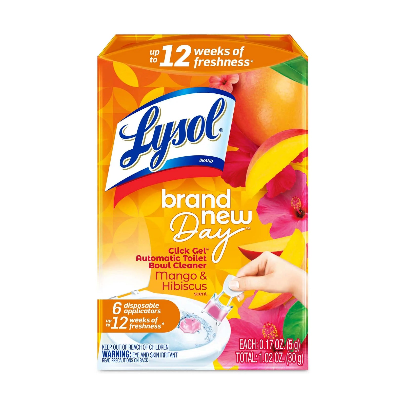 Lysol Click Gel Automatic Toilet Bowl Cleaner, Mango & Hibiscus scent, 6 count packaging for 12 weeks of freshness.