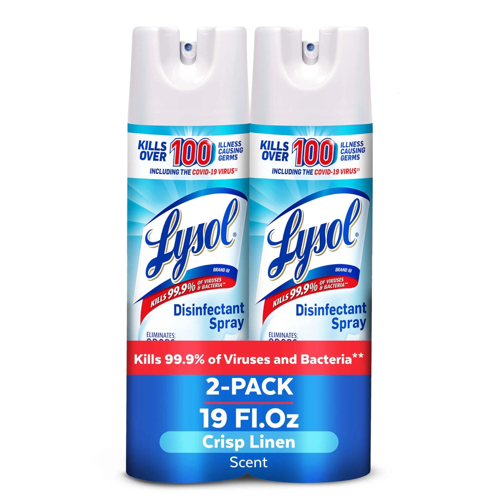 Lysol disinfectant spray 2-pack, 19 fl oz each, kills 99.9% of viruses, Crisp Linen scent, essential household cleaning supplies.