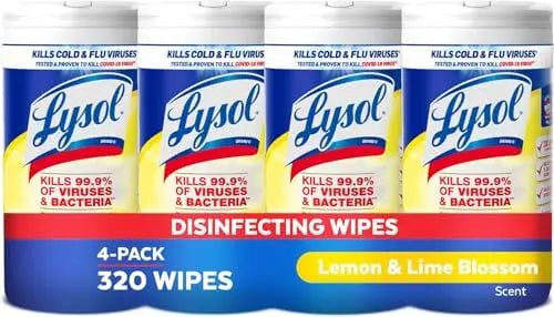 Lysol disinfectant wipes 4-pack, lemon and lime blossom scent, effective against 99.9% of viruses and bacteria.