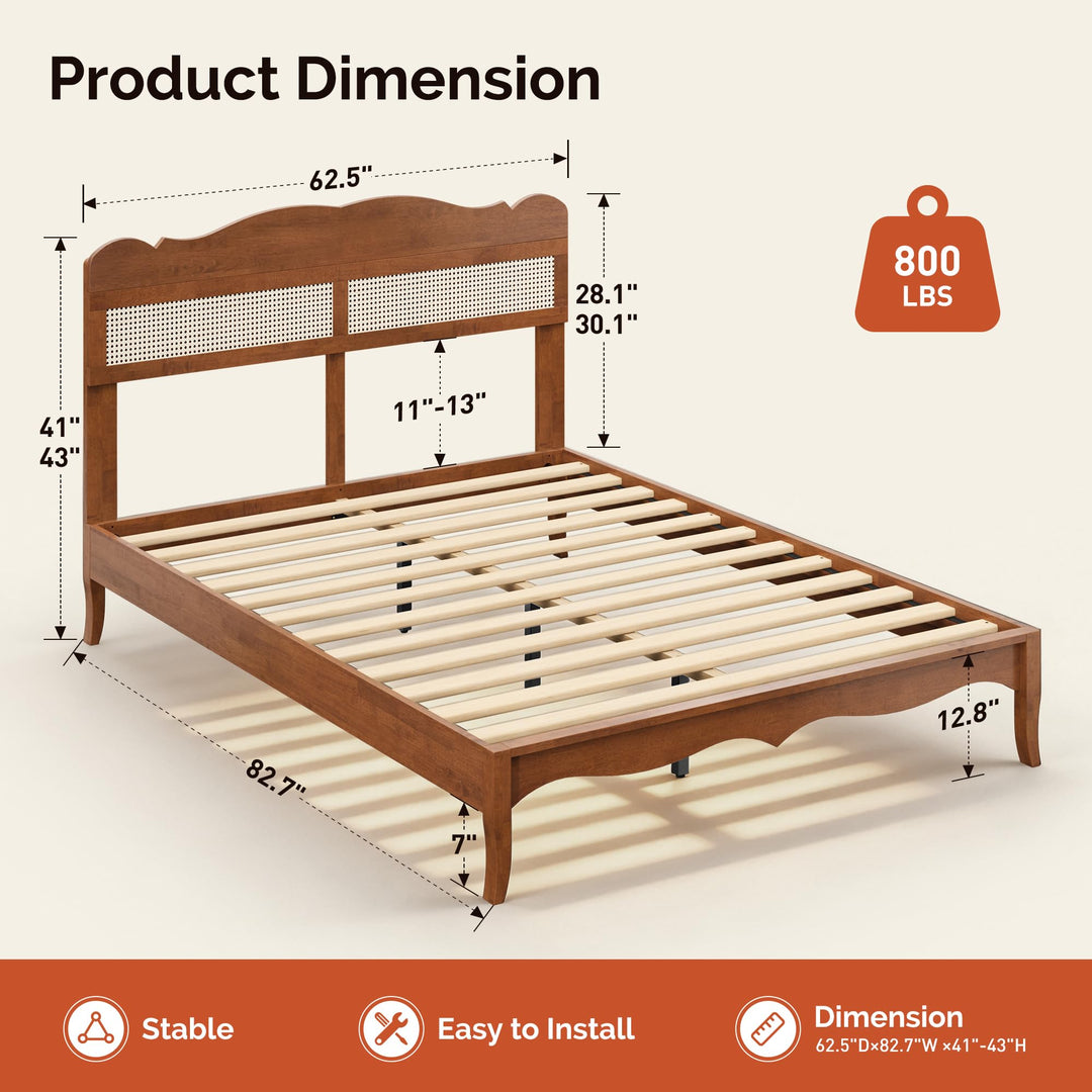 MAISON ARTS Queen Bed Frame with Adjustable Headboard, Wooden Bedframe 