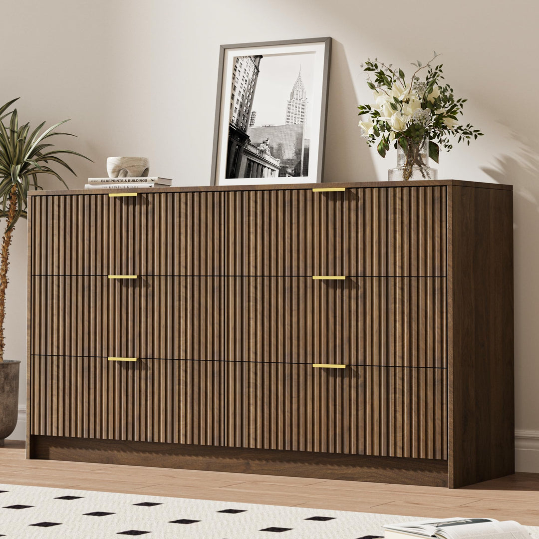 MAISONARIA 6 Drawer Dresser for Bedroom, 55" Wide Modern Chest of Drawers with Gold Metal Handles, Fluted Wood TV Stand for Living Room, Hallway, Walnut 
