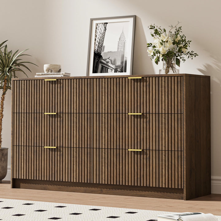 MAISONARIA 6 Drawer Dresser for Bedroom, 55" Wide Modern Chest of Drawers with Gold Metal Handles, Fluted Wood TV Stand for Living Room, Hallway, Walnut 