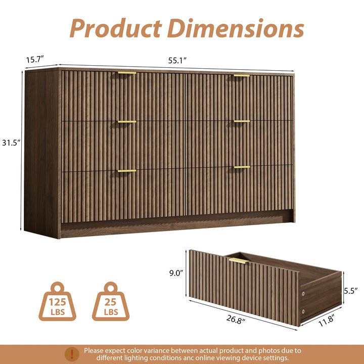 MAISONARIA 6 Drawer Dresser for Bedroom, 55" Wide Modern Chest of Drawers with Gold Metal Handles, Fluted Wood TV Stand for Living Room, Hallway, Walnut 