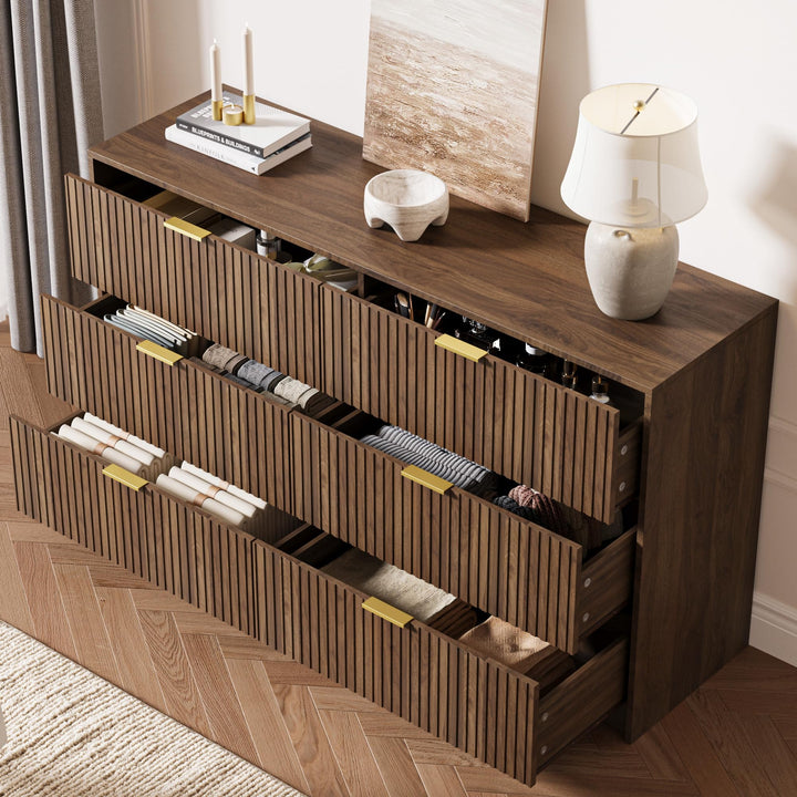 MAISONARIA 6 Drawer Dresser for Bedroom, 55" Wide Modern Chest of Drawers with Gold Metal Handles, Fluted Wood TV Stand for Living Room, Hallway, Walnut 