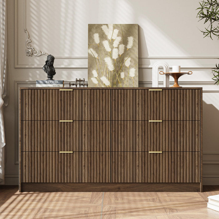 MAISONARIA 6 Drawer Dresser for Bedroom, 55" Wide Modern Chest of Drawers with Gold Metal Handles, Fluted Wood TV Stand for Living Room, Hallway, Walnut 