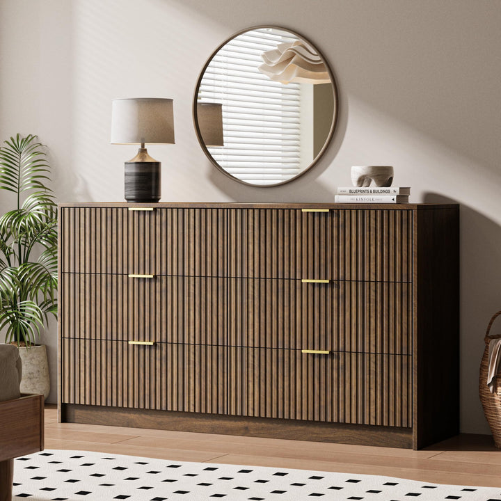 MAISONARIA 6 Drawer Dresser for Bedroom, 55" Wide Modern Chest of Drawers with Gold Metal Handles, Fluted Wood TV Stand for Living Room, Hallway, Walnut 
