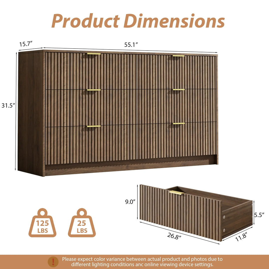 MAISONARIA 6 Drawer Dresser for Bedroom, 55" Wide Modern Chest of Drawers with Gold Metal Handles, Fluted Wood TV Stand for Living Room, Hallway, Walnut 