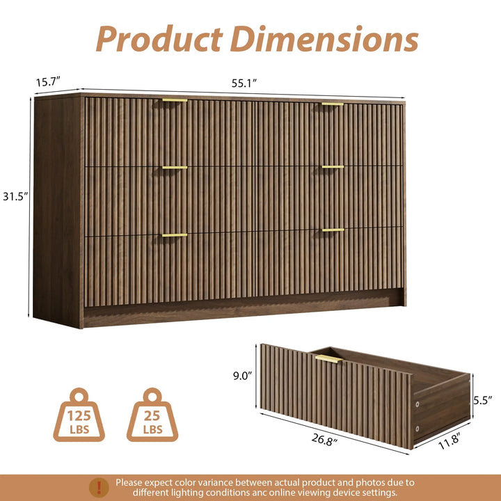 MAISONARIA 6 Drawer Dresser for Bedroom, 55" Wide Modern Chest of Drawers with Gold Metal Handles, Fluted Wood TV Stand for Living Room, Hallway, Walnut 