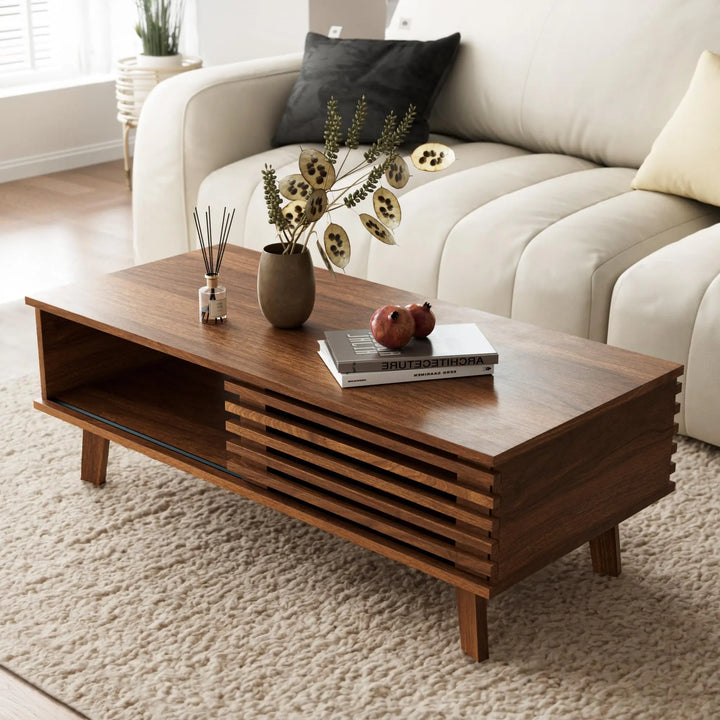 MAISONARIA Mid Century Coffee Table with Storage &amp; Sliding Fence Door, Modern Coffee Tables for Living Room, Walnut Finish 