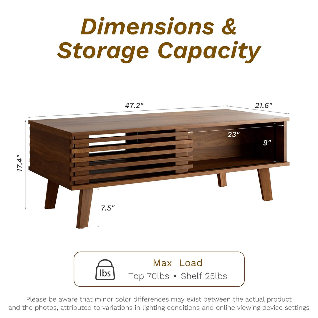 MAISONARIA Mid Century Coffee Table with Storage &amp; Sliding Fence Door, Modern Coffee Tables for Living Room, Walnut Finish 
