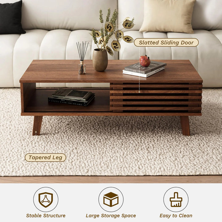 MAISONARIA Mid Century Coffee Table with Storage &amp; Sliding Fence Door, Modern Coffee Tables for Living Room, Walnut Finish 