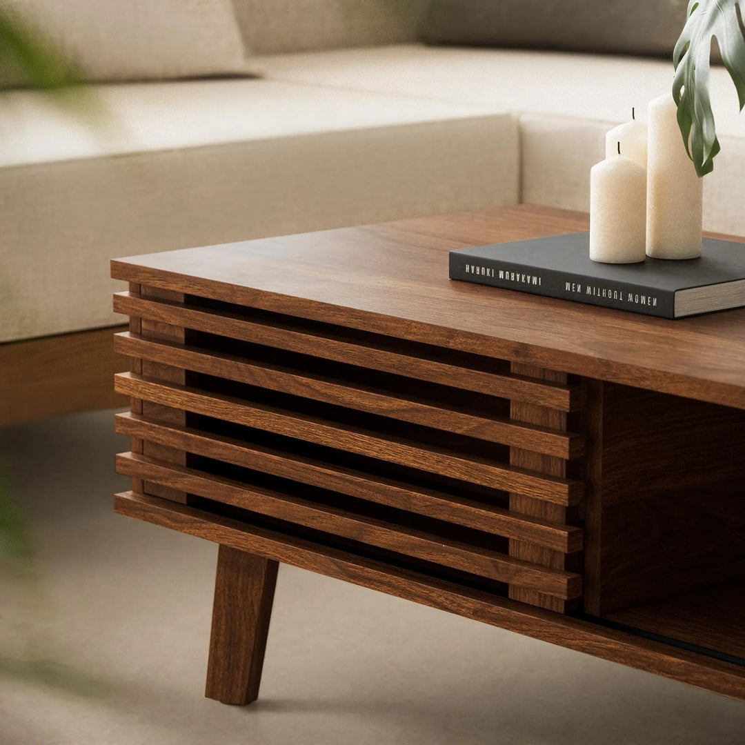 MAISONARIA Mid Century Coffee Table with Storage &amp; Sliding Fence Door, Modern Coffee Tables for Living Room, Walnut Finish 