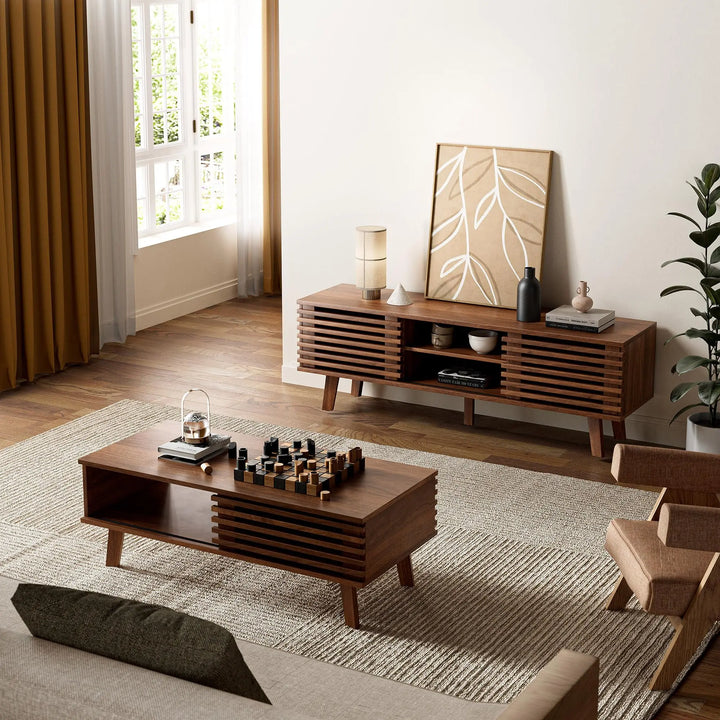 MAISONARIA Mid Century Coffee Table with Storage &amp; Sliding Fence Door, Modern Coffee Tables for Living Room, Walnut Finish 