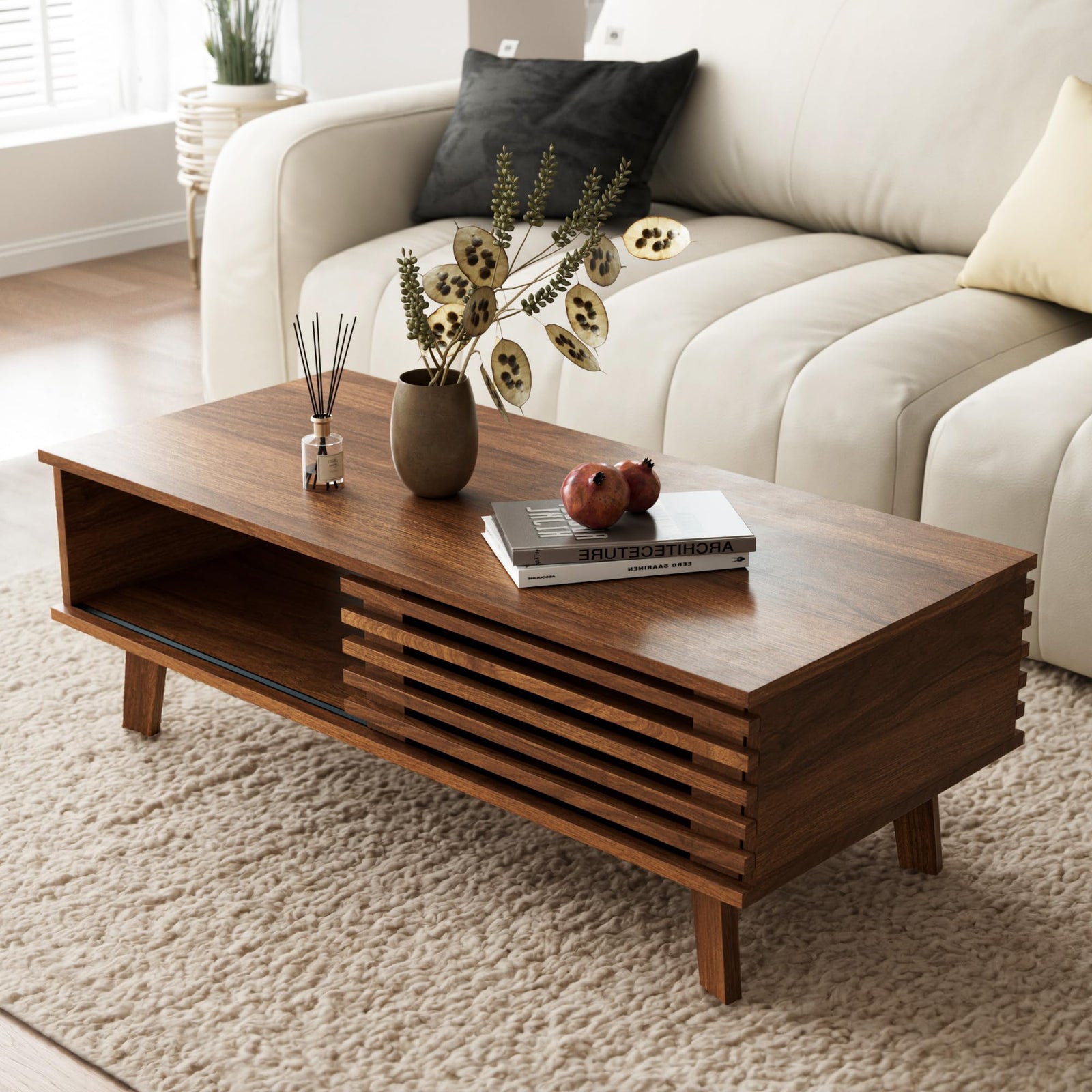 MAISONARIA Mid Century Coffee Table with Storage & Sliding Fence Door, Modern Coffee Tables for Living Room, Walnut Finish 