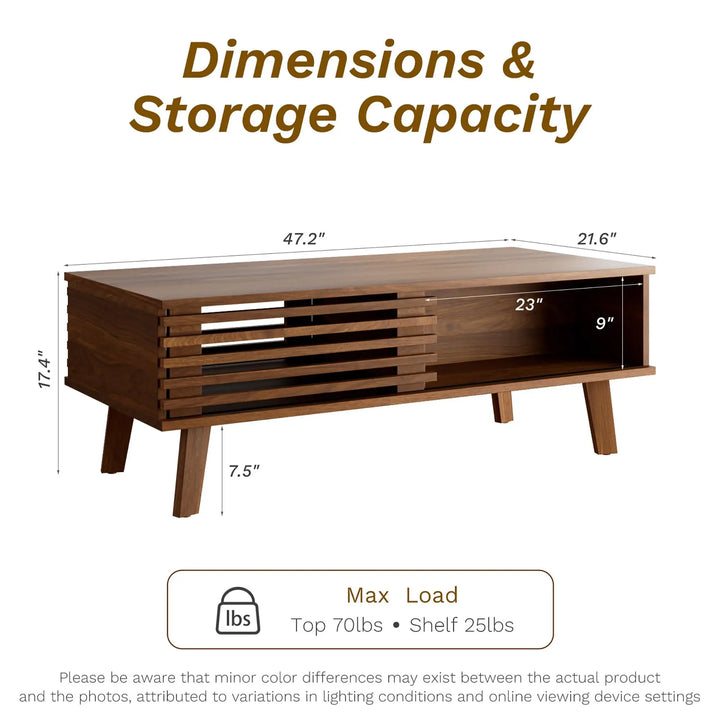 MAISONARIA Mid Century Coffee Table with Storage & Sliding Fence Door, Modern Coffee Tables for Living Room, Walnut Finish