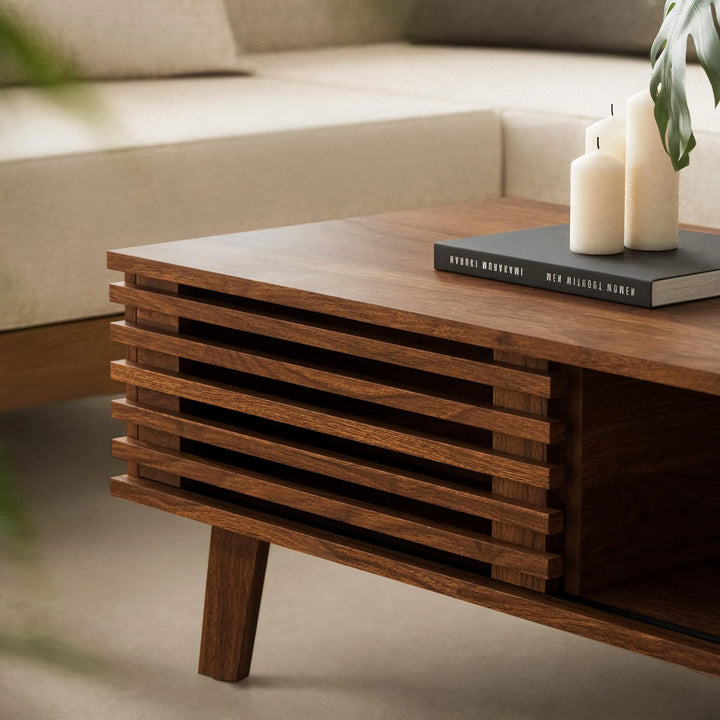 MAISONARIA Mid Century Coffee Table with Storage & Sliding Fence Door, Modern Coffee Tables for Living Room, Walnut Finish