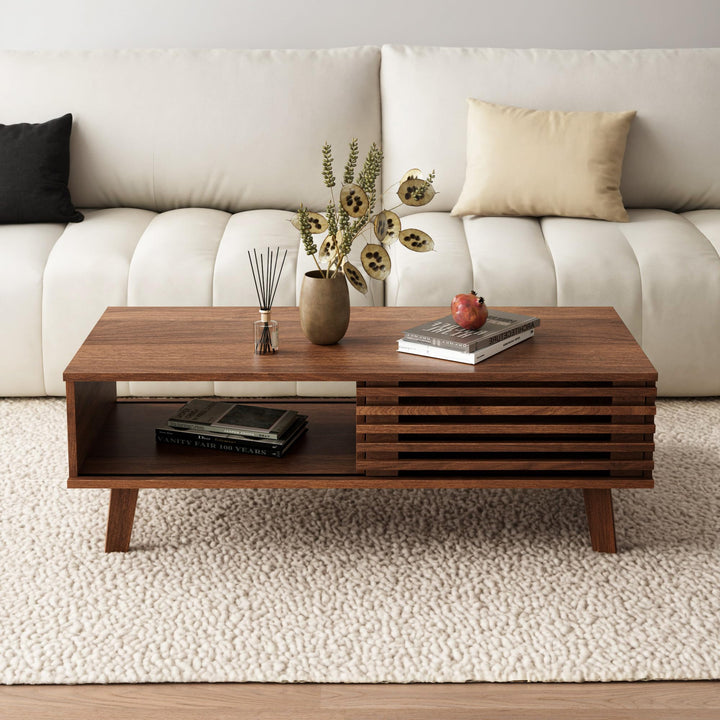 MAISONARIA Mid Century Coffee Table with Storage &amp; Sliding Fence Door, Modern Coffee Tables for Living Room, Walnut Finish 
