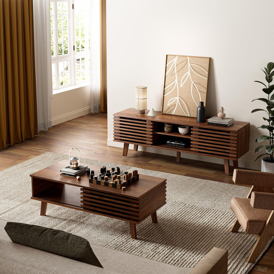 MAISONARIA Mid Century Coffee Table with Storage &amp; Sliding Fence Door, Modern Coffee Tables for Living Room, Walnut Finish 