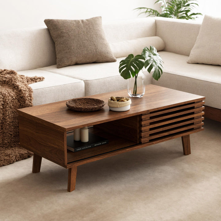 MAISONARIA Mid Century Coffee Table with Storage &amp; Sliding Fence Door, Modern Coffee Tables for Living Room, Walnut Finish 