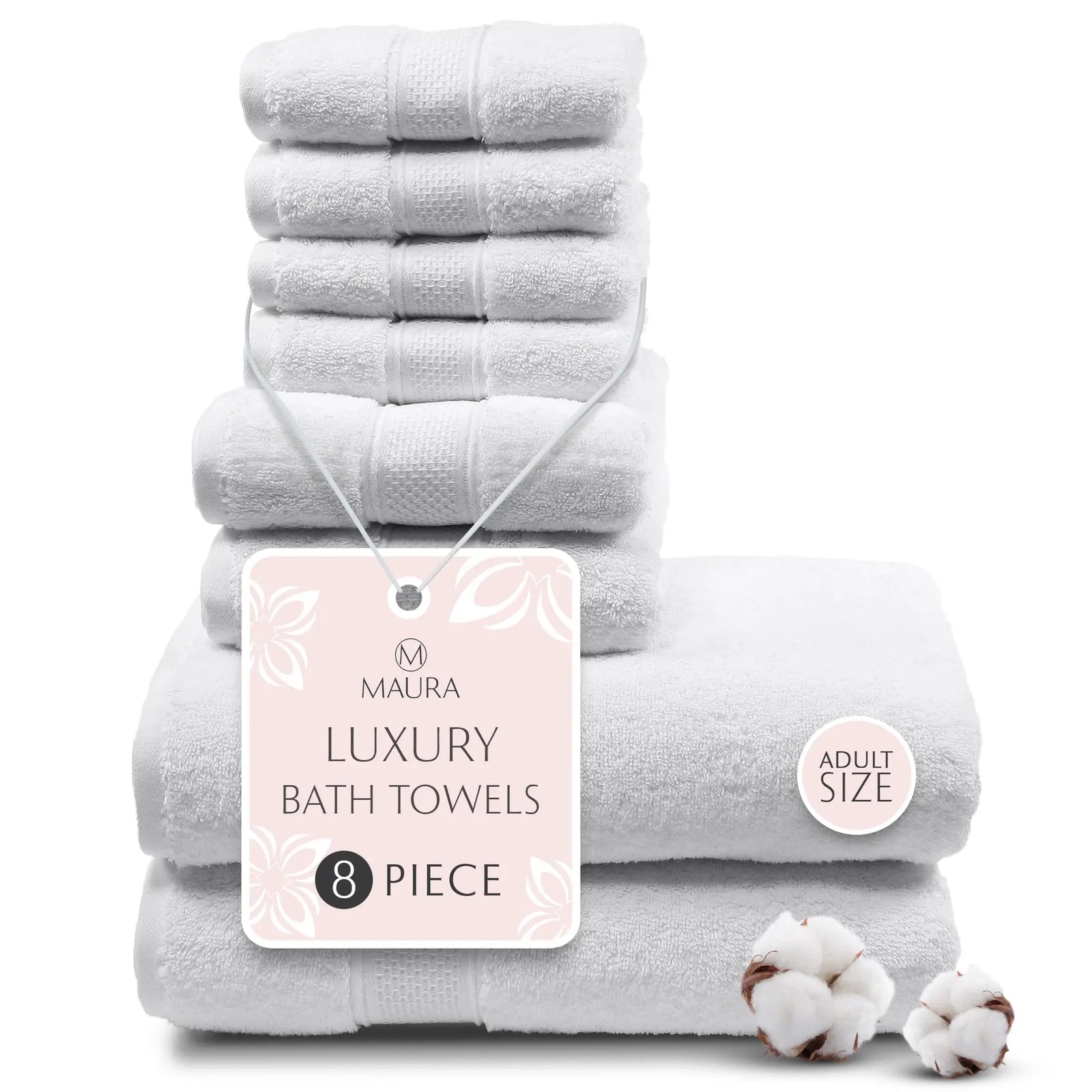 MAURA White Bath Towel Set of 8 for Bathroom. Turkish Cotton Luxury Bath Towels. Extra Large, Thick, Plush & Soft. Hotel & Spa Quality - White 