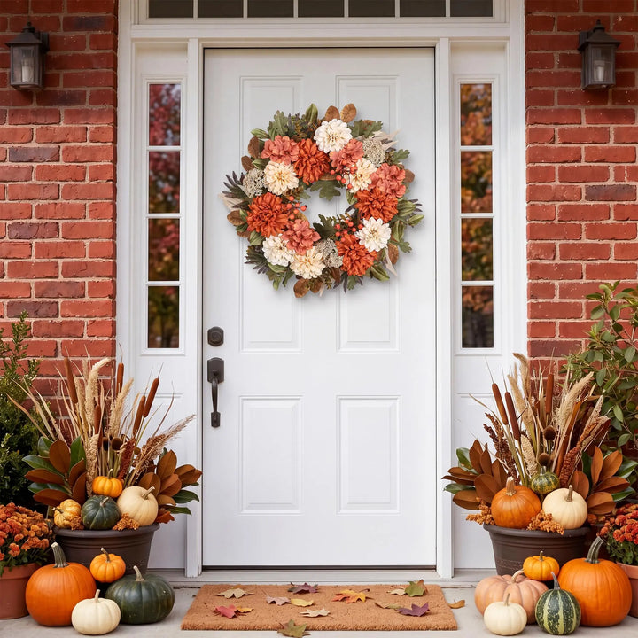 MDSTBN 24" Fall Wreaths for Front Door with Mums Dahlias Queen Anne&
