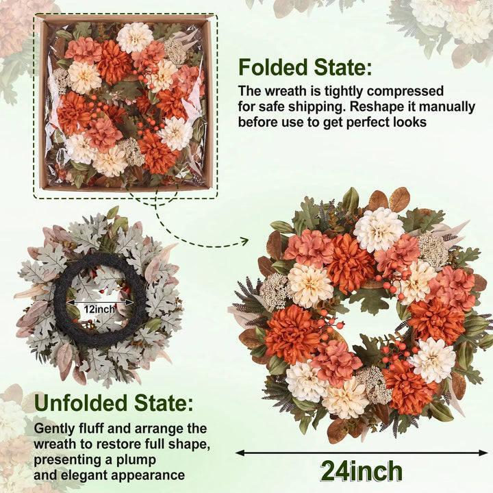 MDSTBN 24" Fall Wreaths for Front Door with Mums Dahlias Queen Anne&