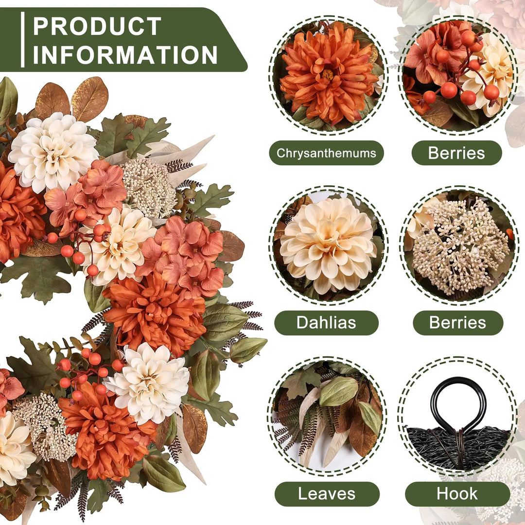 MDSTBN 24" Fall Wreaths for Front Door with Mums Dahlias Queen Anne&