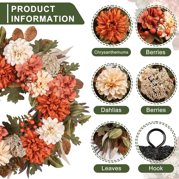 MDSTBN 24" Fall Wreaths for Front Door with Mums Dahlias Queen Anne&