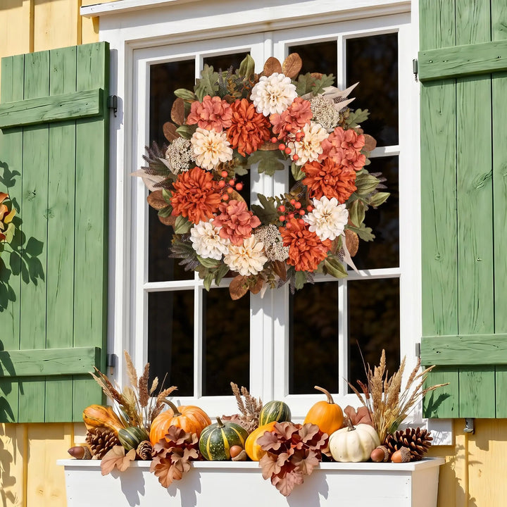MDSTBN 24" Fall Wreaths for Front Door with Mums Dahlias Queen Anne&
