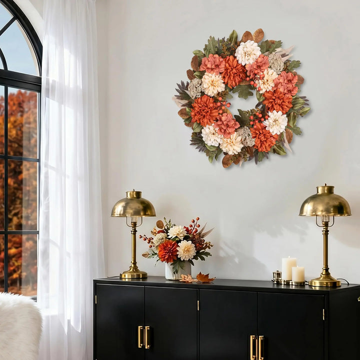 MDSTBN 24" Fall Wreaths for Front Door with Mums Dahlias Queen Anne&